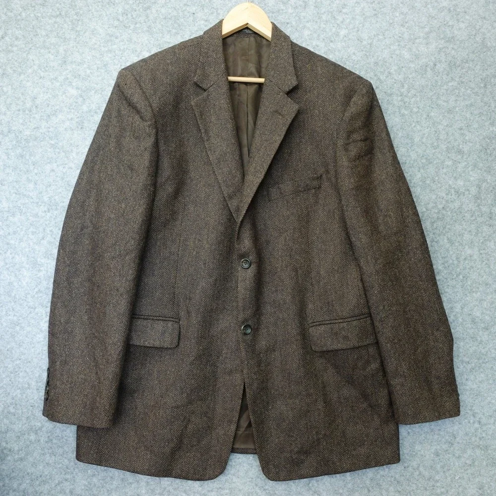 1970s Vintage Herringbone Tweed Sports Coat Men 44 Long Brown Wool Fall Speckled